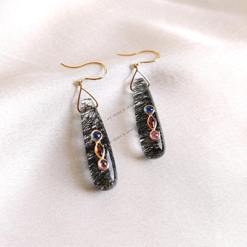 14K Solid Gold Natural Black Rutile & Multi Sapphire Drill Danglers , April Birthstone