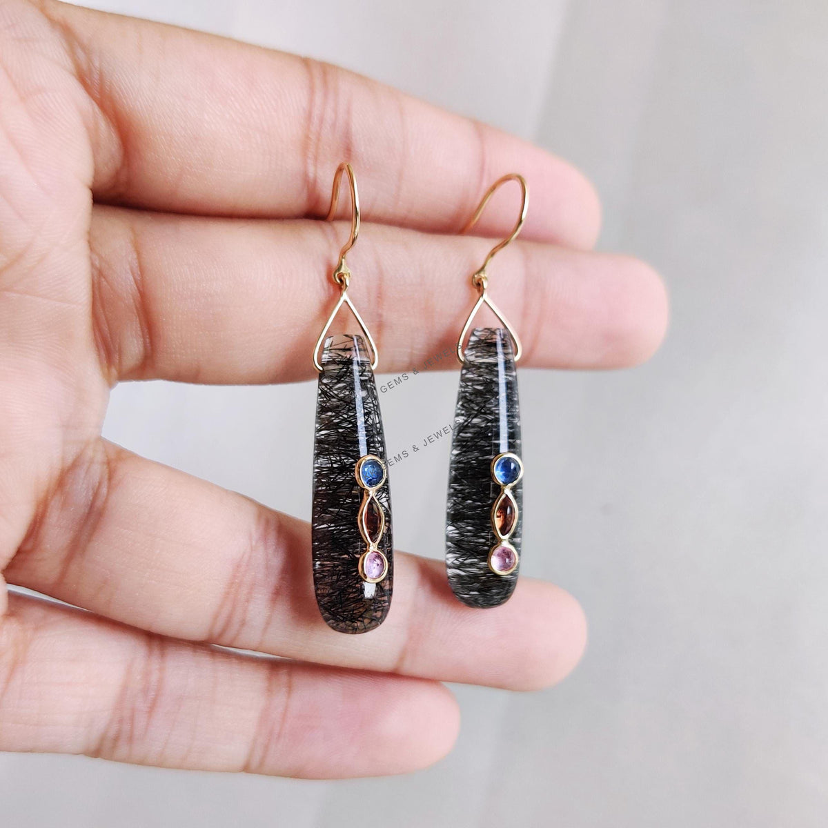14K Solid Gold Natural Black Rutile & Multi Sapphire Drill Danglers , April Birthstone