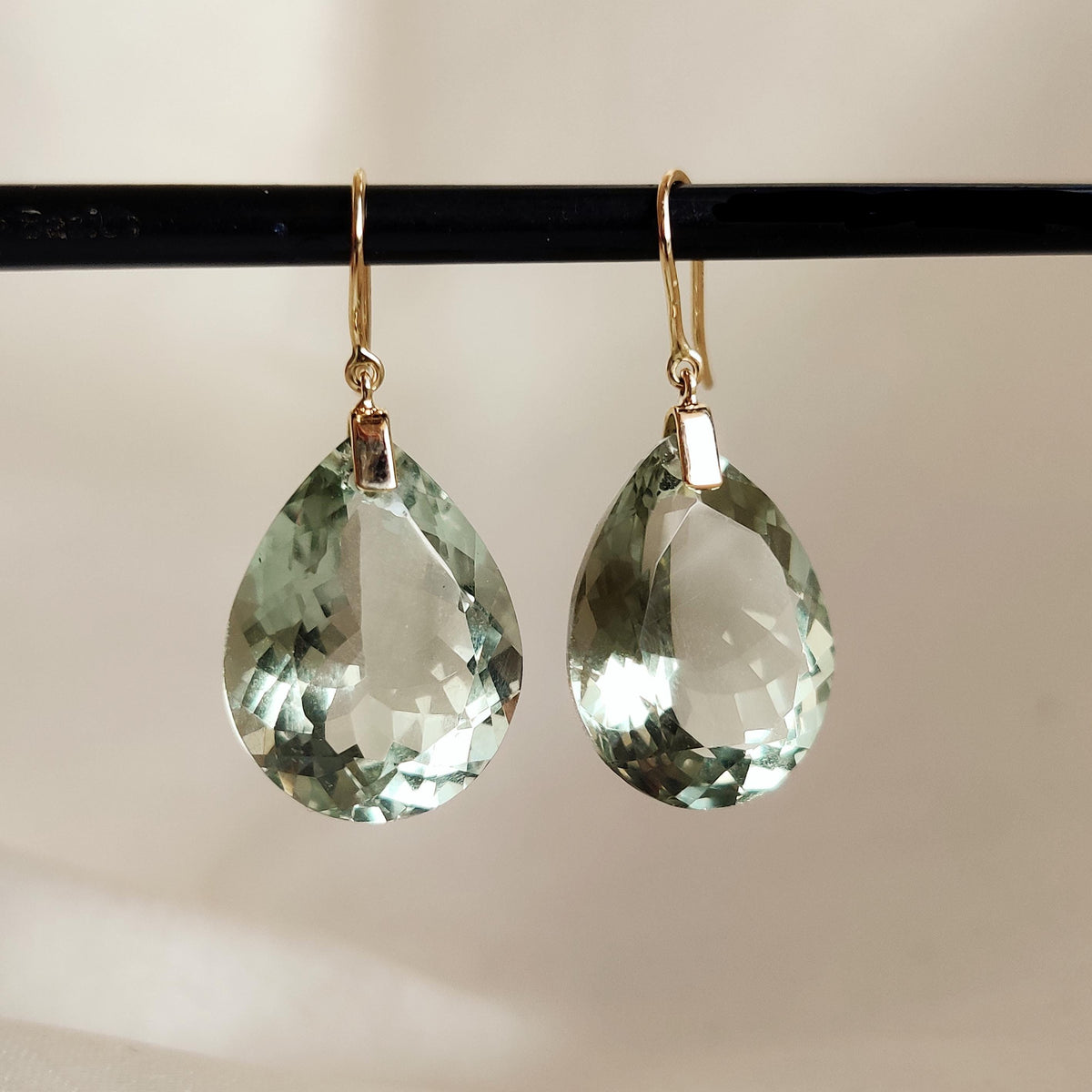 14K Solid Yellow Gold Natural Green Amethyst Pear Drill Earrings, February Birthstone