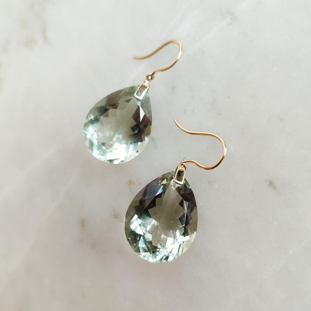 14K Solid Yellow Gold Natural Green Amethyst Pear Drill Earrings, February Birthstone