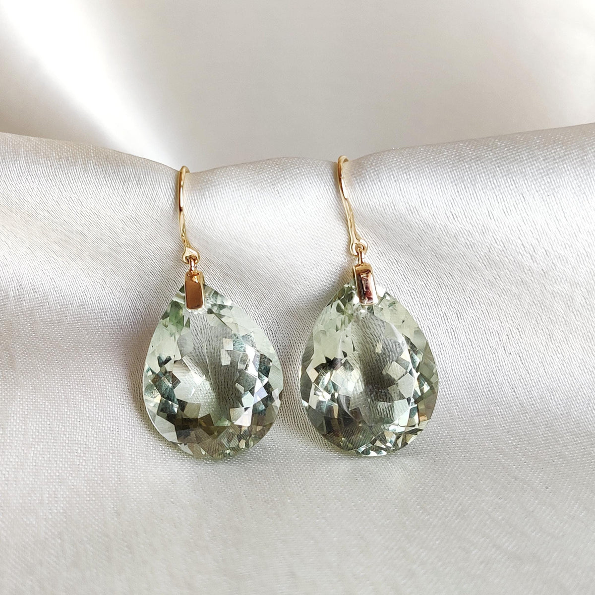 14K Solid Yellow Gold Natural Green Amethyst Pear Drill Earrings, February Birthstone