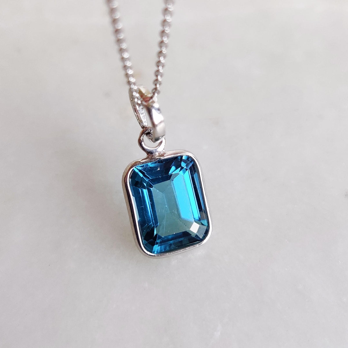 Emerald Cut Natural London Blue Topaz Pendant, 14K Solid White Gold, December Birthstone