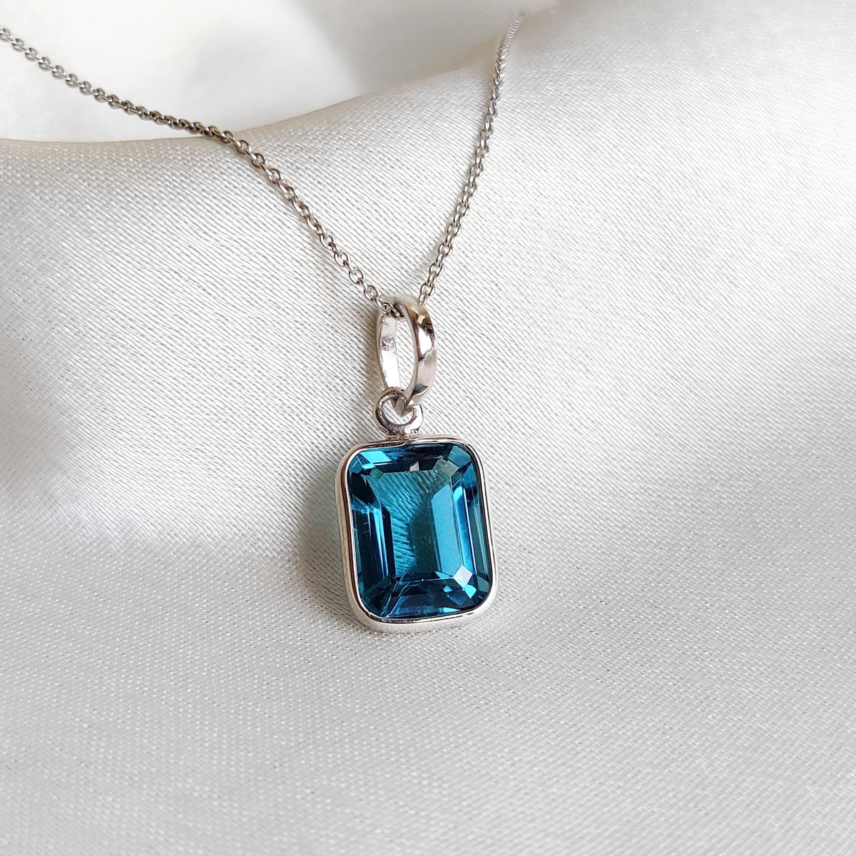 Emerald Cut Natural London Blue Topaz Pendant, 14K Solid White Gold, December Birthstone