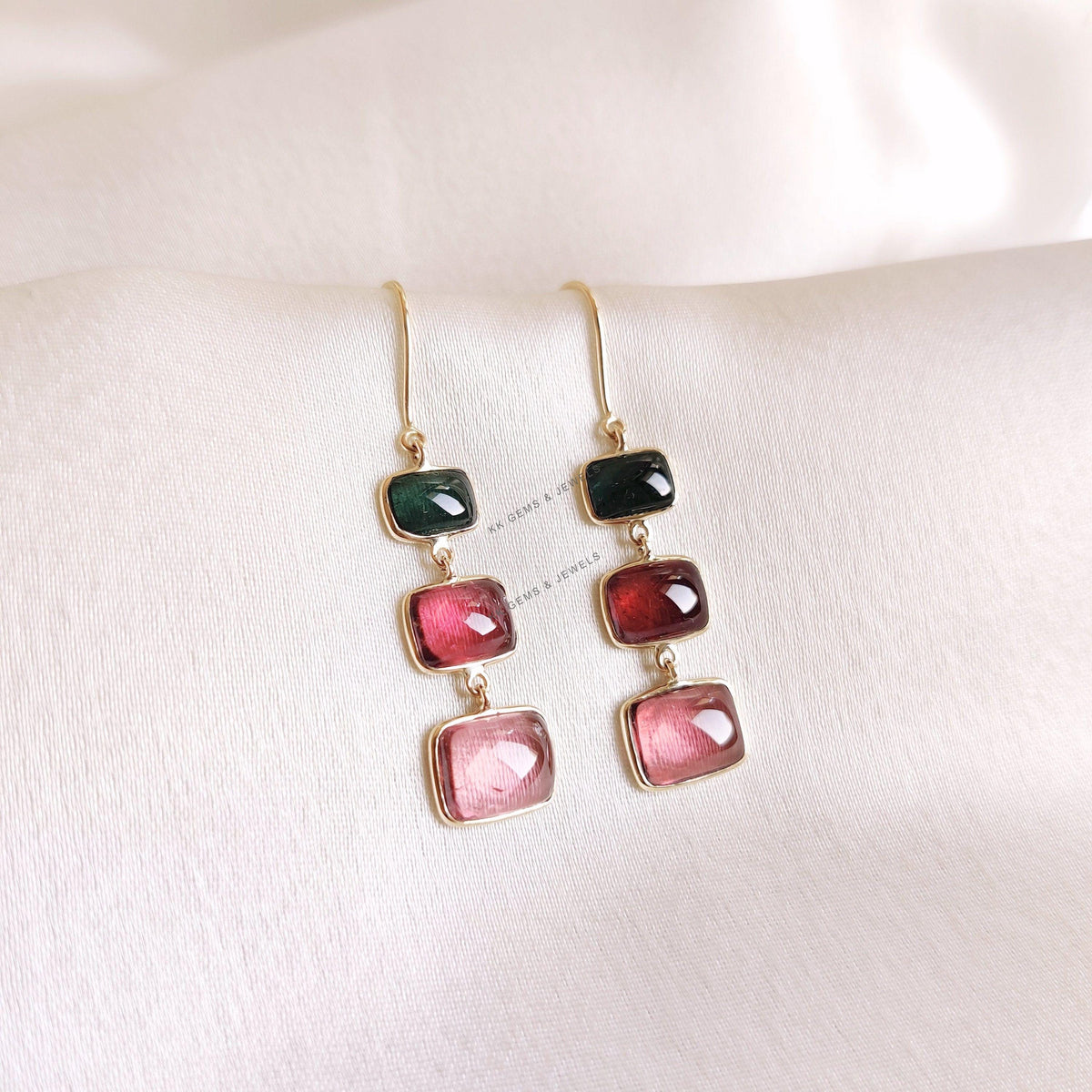 Natural Multi Tourmaline Earrings, 14K Solid Yellow Gold Bezel Earrings