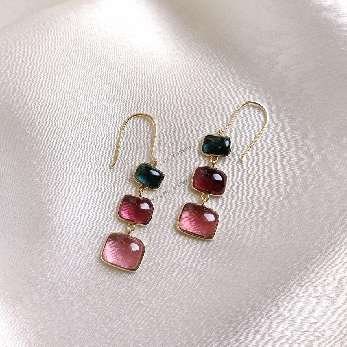 Natural Multi Tourmaline Earrings, 14K Solid Yellow Gold Bezel Earrings