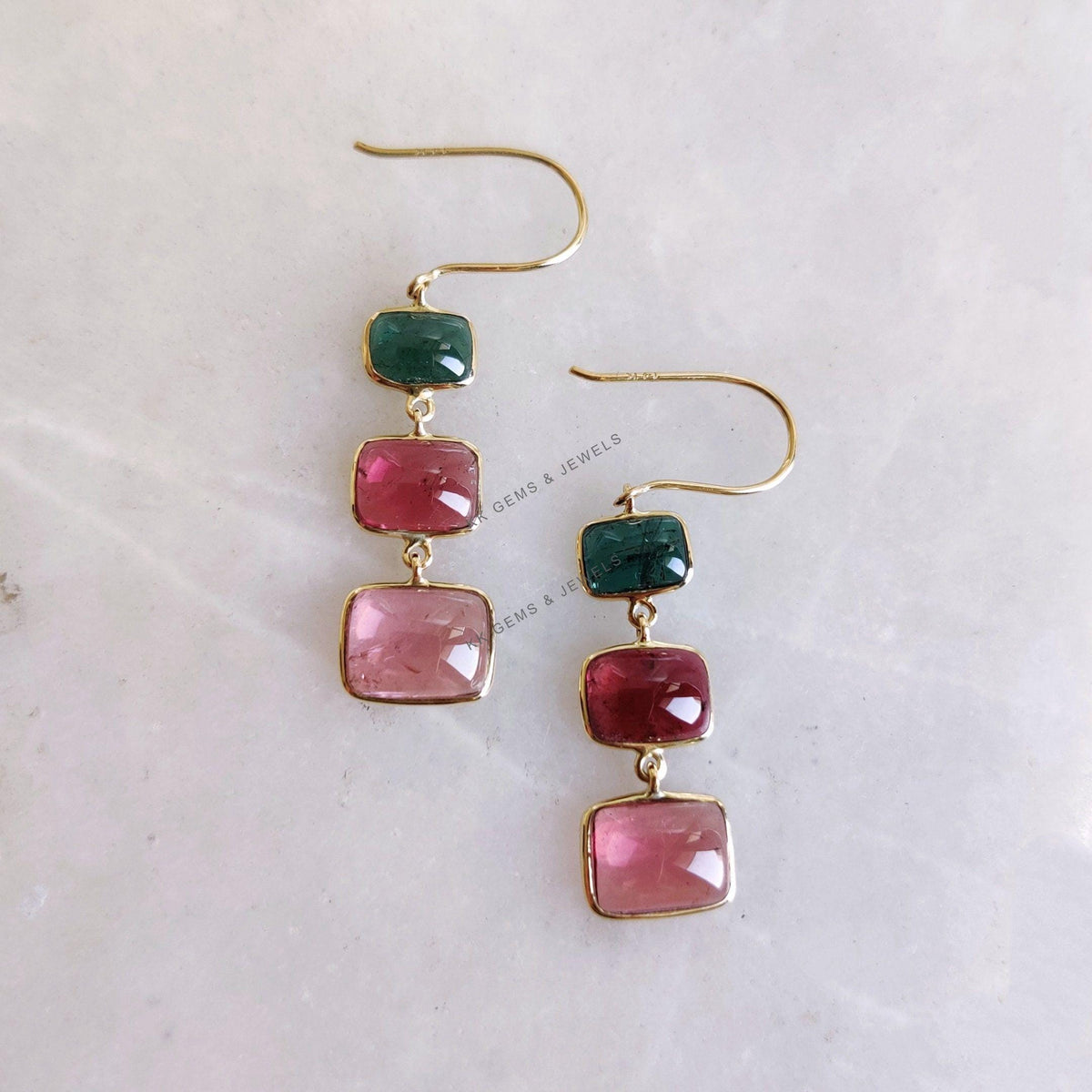 Natural Multi Tourmaline Earrings, 14K Solid Yellow Gold Bezel Earrings