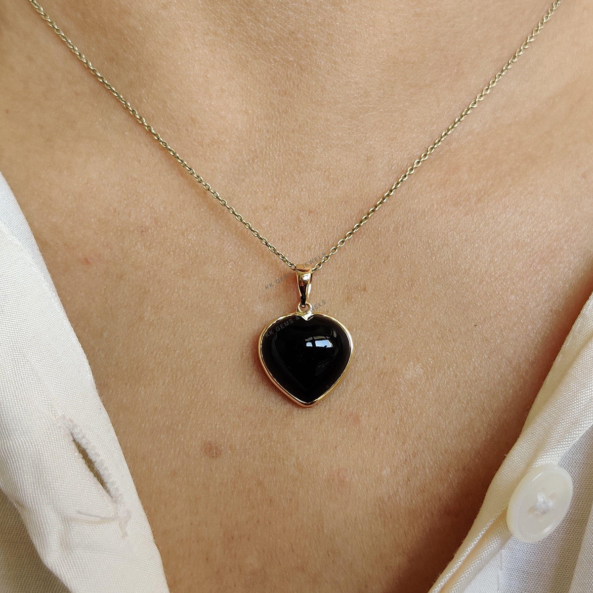Natural Black Onyx Heart Pendant: 14K Solid Yellow Gold, December Birthstone