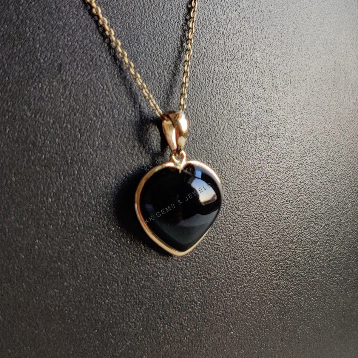 Natural Black Onyx Heart Pendant: 14K Solid Yellow Gold, December Birthstone