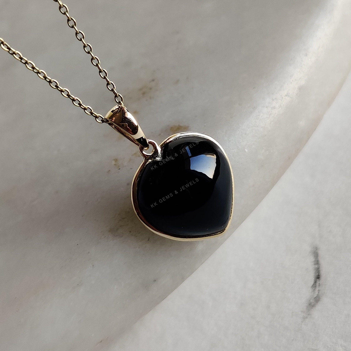 Natural Black Onyx Heart Pendant: 14K Solid Yellow Gold, December Birthstone
