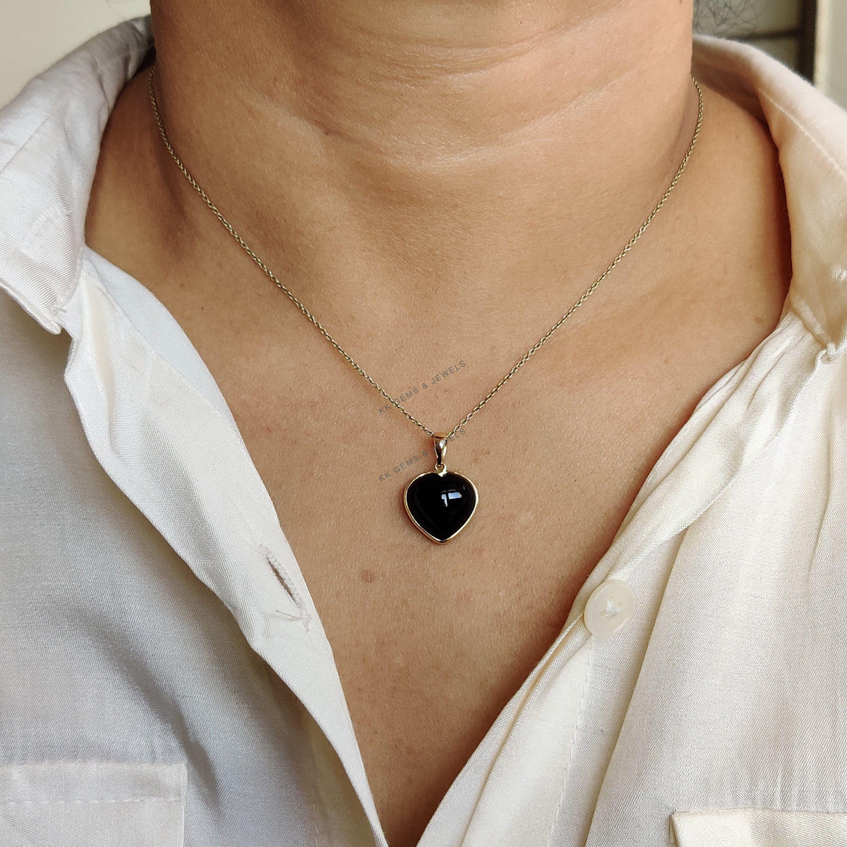 Natural Black Onyx Heart Pendant: 14K Solid Yellow Gold, December Birthstone