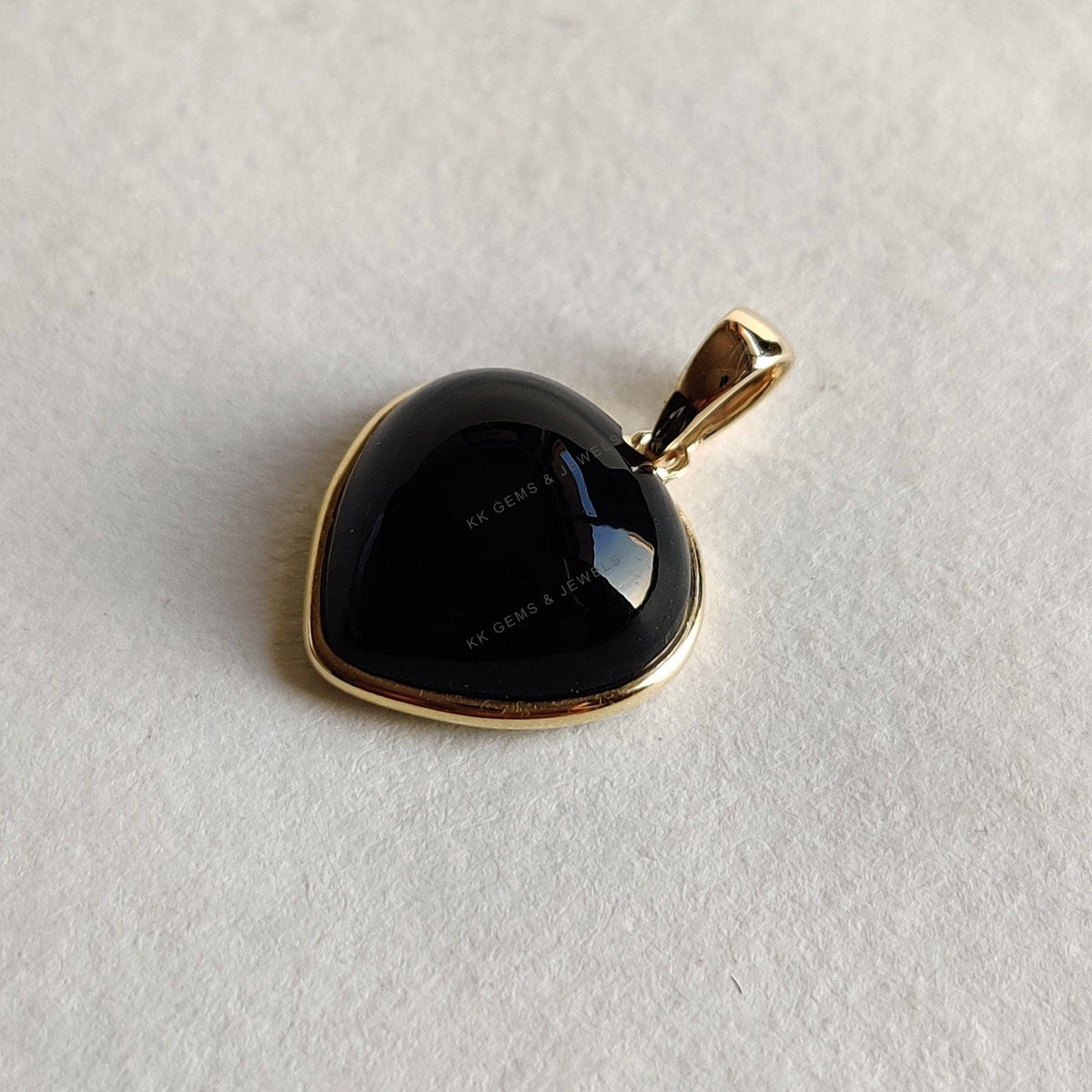 Natural Black Onyx Heart Pendant: 14K Solid Yellow Gold, December Birthstone