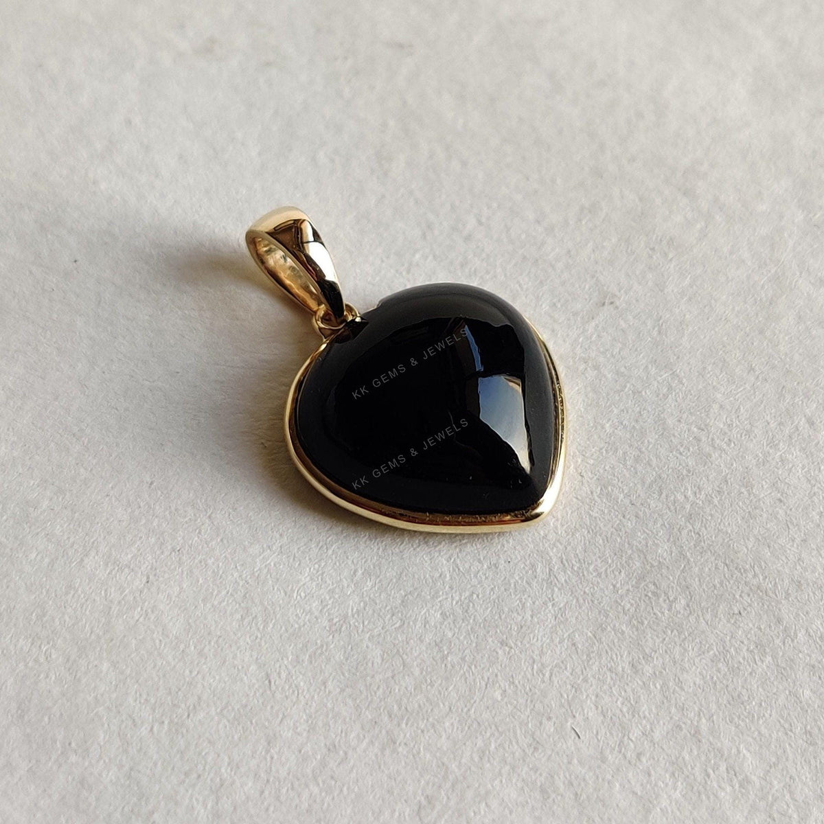 Natural Black Onyx Heart Pendant: 14K Solid Yellow Gold, December Birthstone