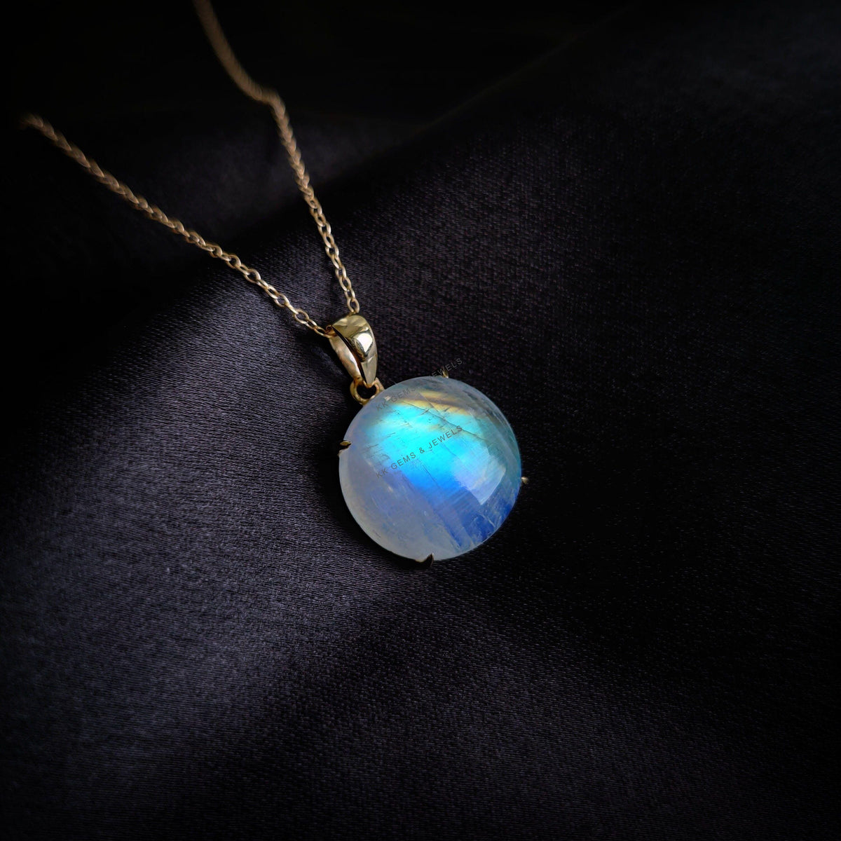 Natural Rainbow Moonstone Pendant, 14K Solid Yellow Gold, June Birthstone