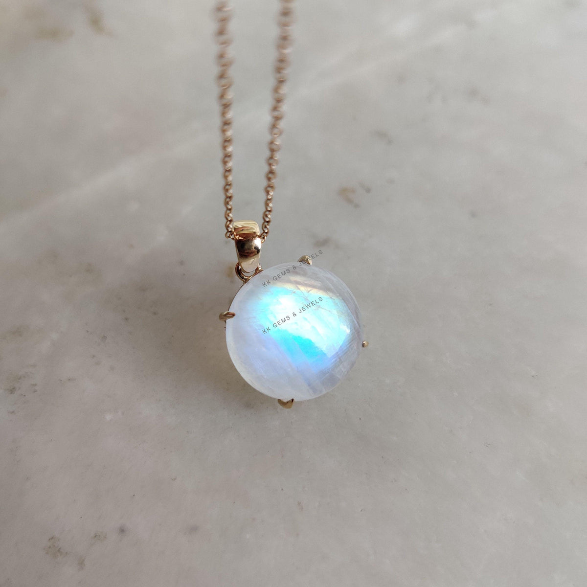 Natural Rainbow Moonstone Pendant, 14K Solid Yellow Gold, June Birthstone