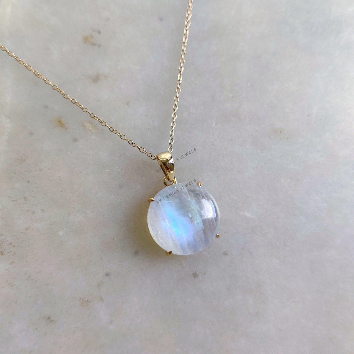 Natural Rainbow Moonstone Pendant, 14K Solid Yellow Gold, June Birthstone