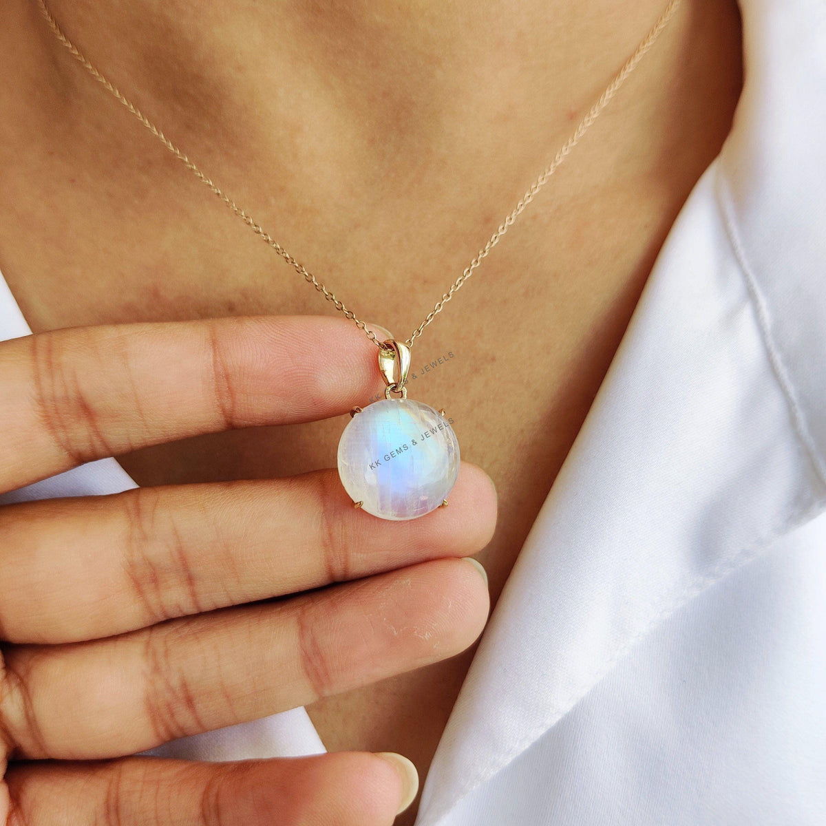 Natural Rainbow Moonstone Pendant, 14K Solid Yellow Gold, June Birthstone