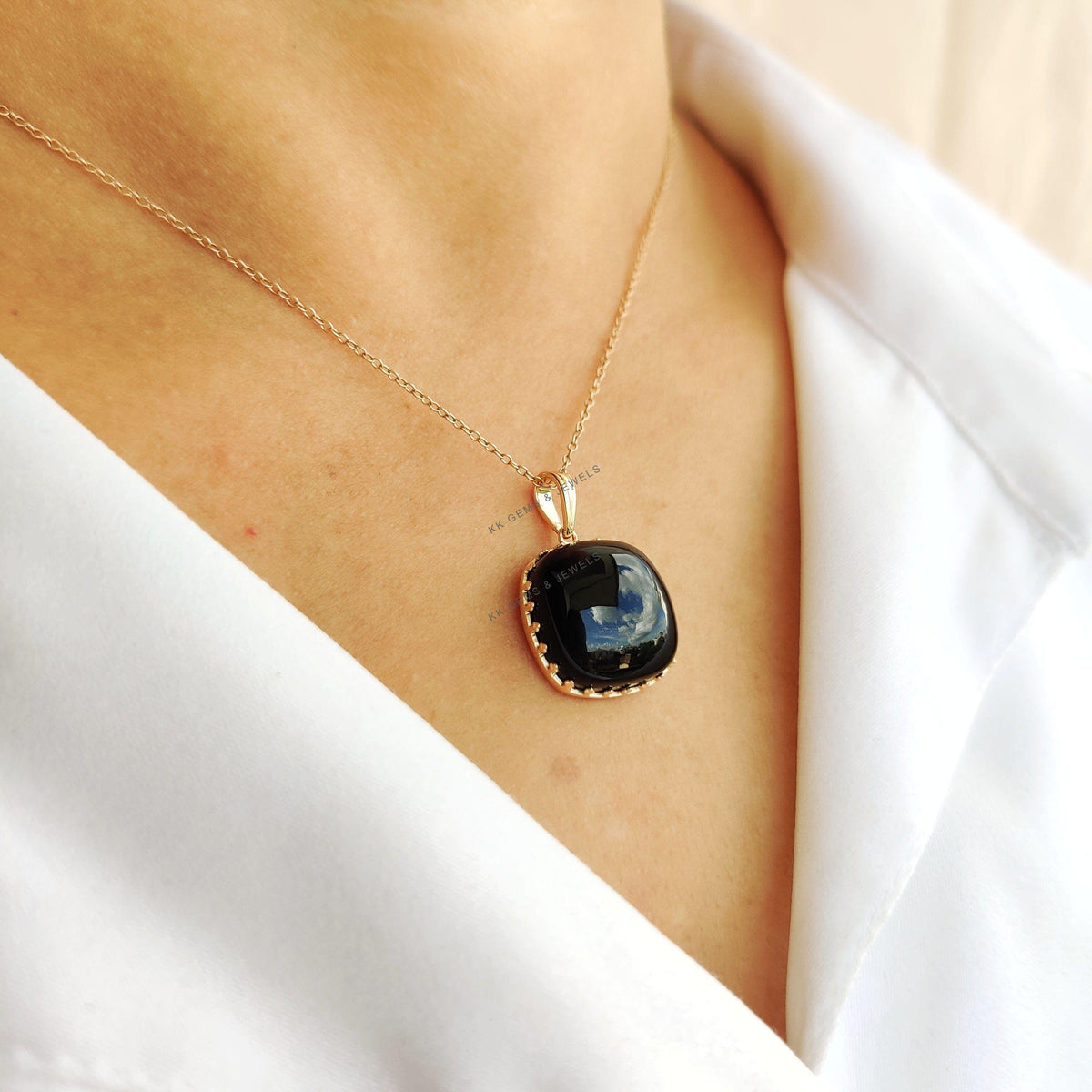14K Solid Yellow Gold Natural Black Onyx Pendant, Cushion Cut