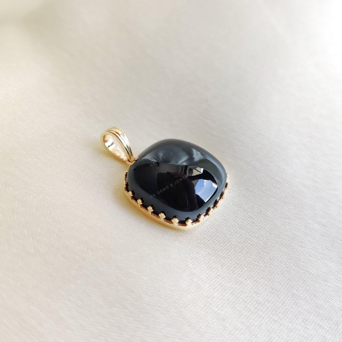 14K Solid Yellow Gold Natural Black Onyx Pendant, Cushion Cut
