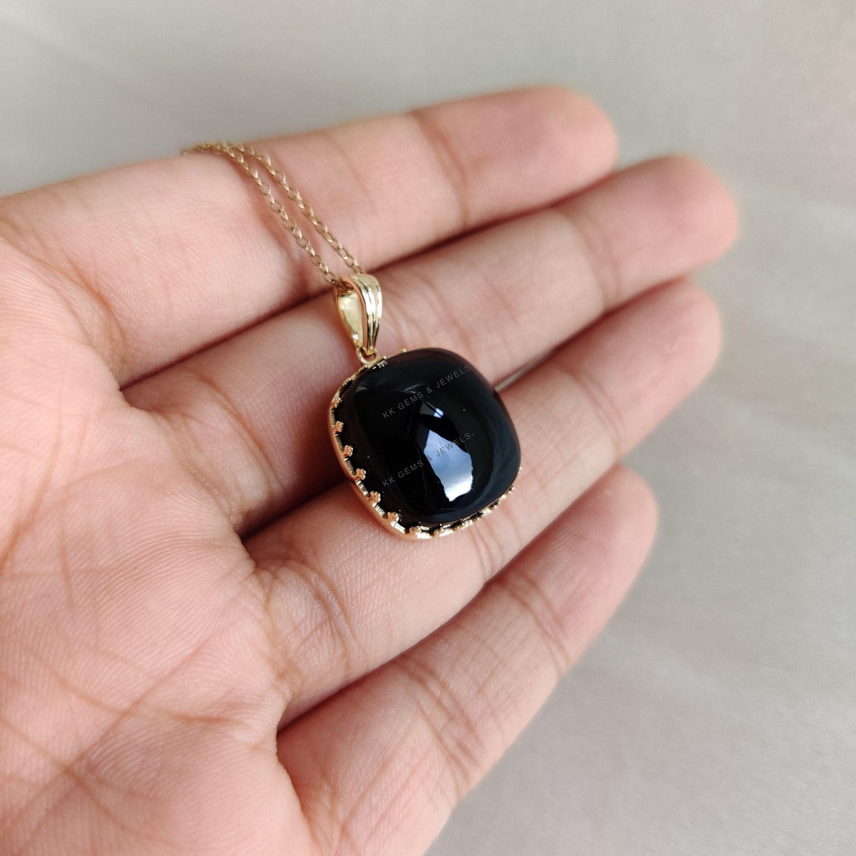 14K Solid Yellow Gold Natural Black Onyx Pendant, Cushion Cut