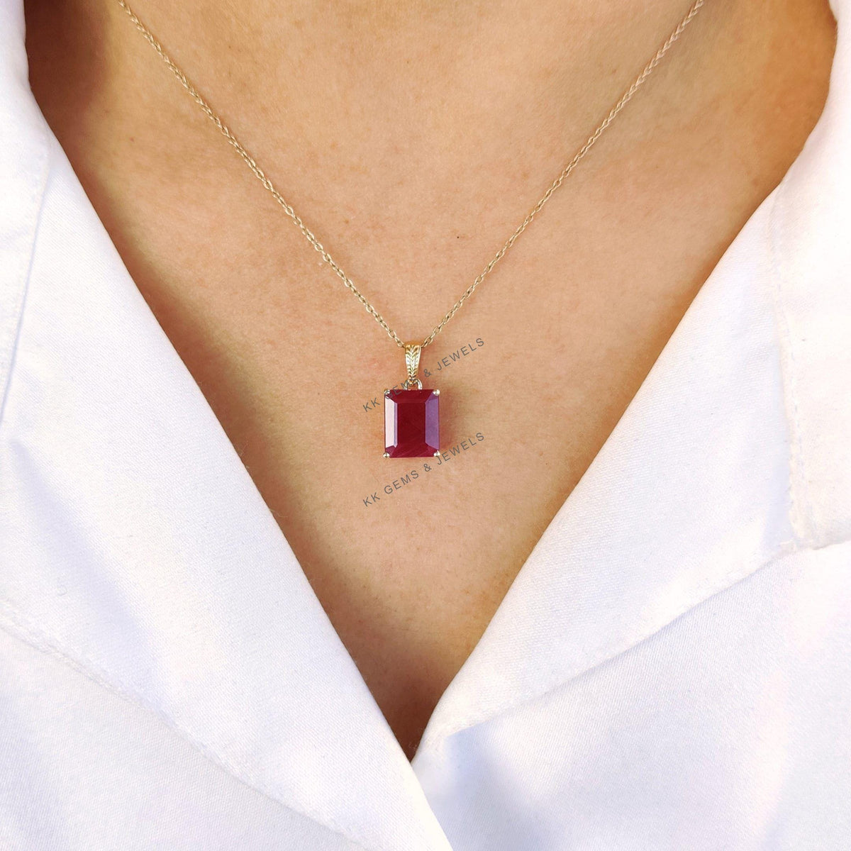 14K Solid Yellow Gold Natural Ruby Octagon Pendant, July Birthstone