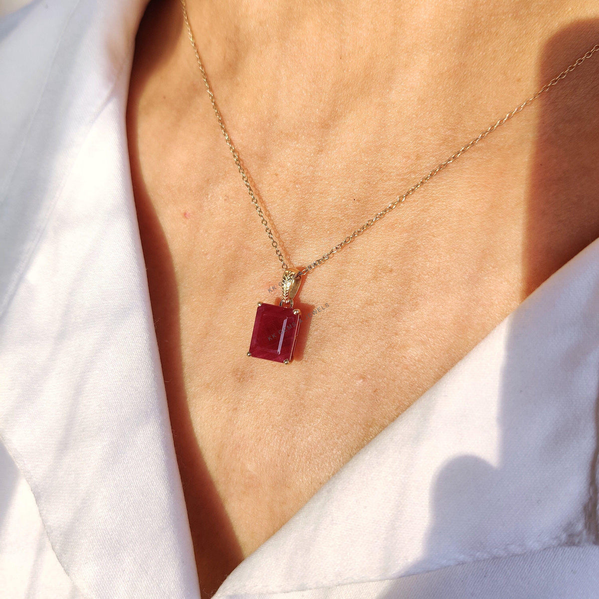 14K Solid Yellow Gold Natural Ruby Octagon Pendant, July Birthstone