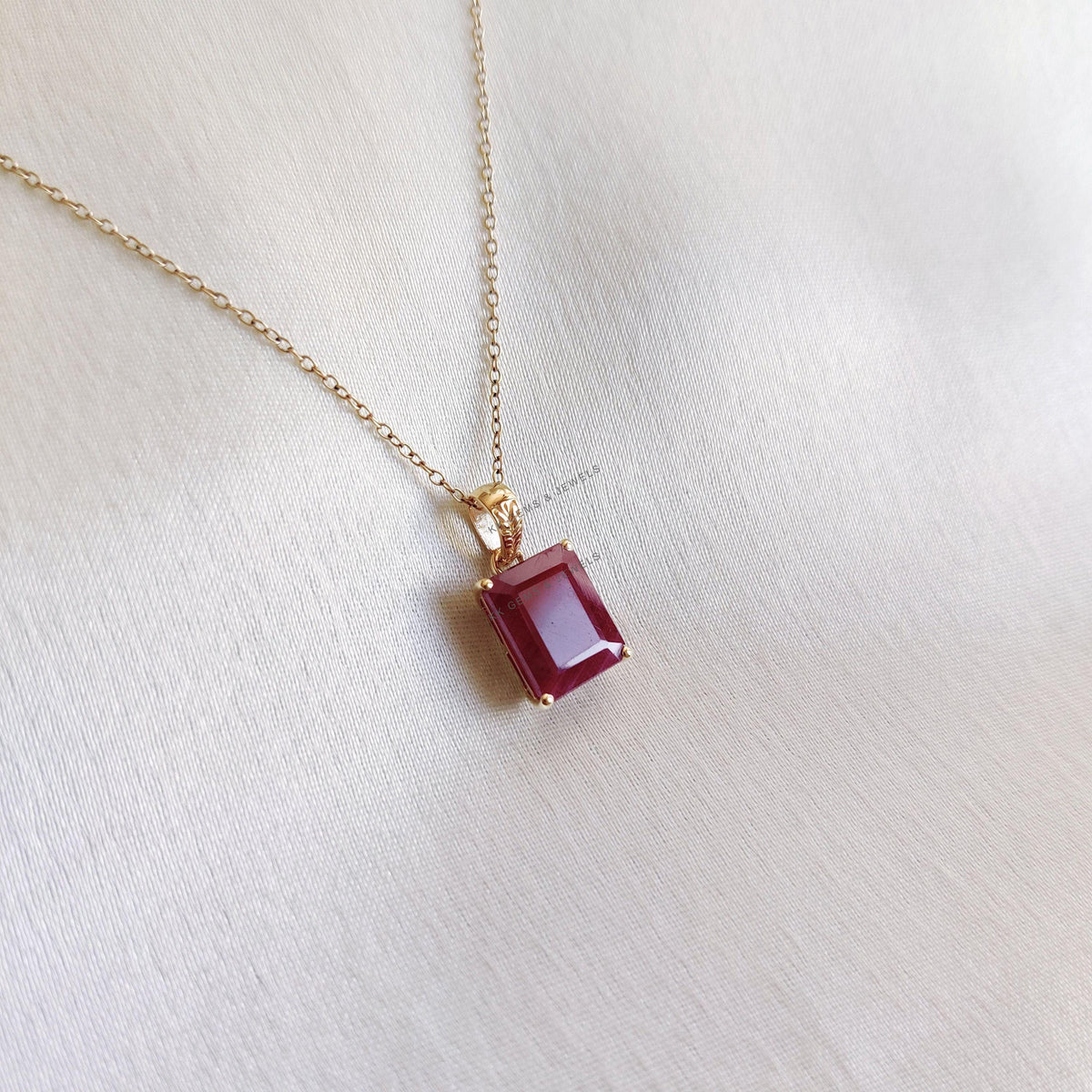 14K Solid Yellow Gold Natural Ruby Octagon Pendant, July Birthstone