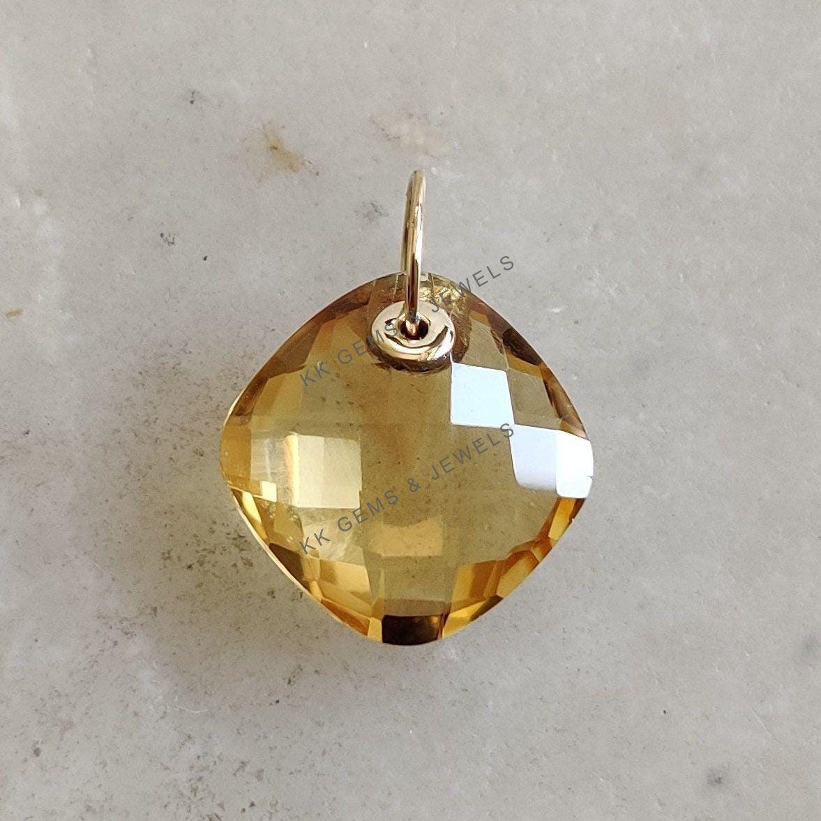 14K Solid Gold Natural Citrine Pendant: Square Cushion Cut November Birthstone