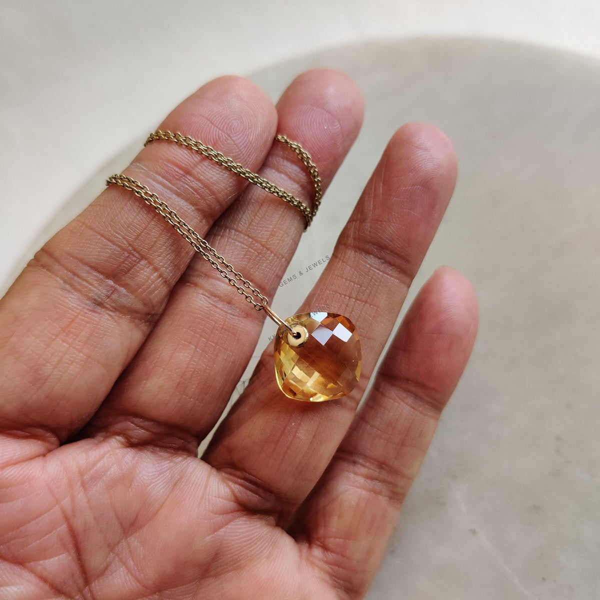 14K Solid Gold Natural Citrine Pendant: Square Cushion Cut November Birthstone