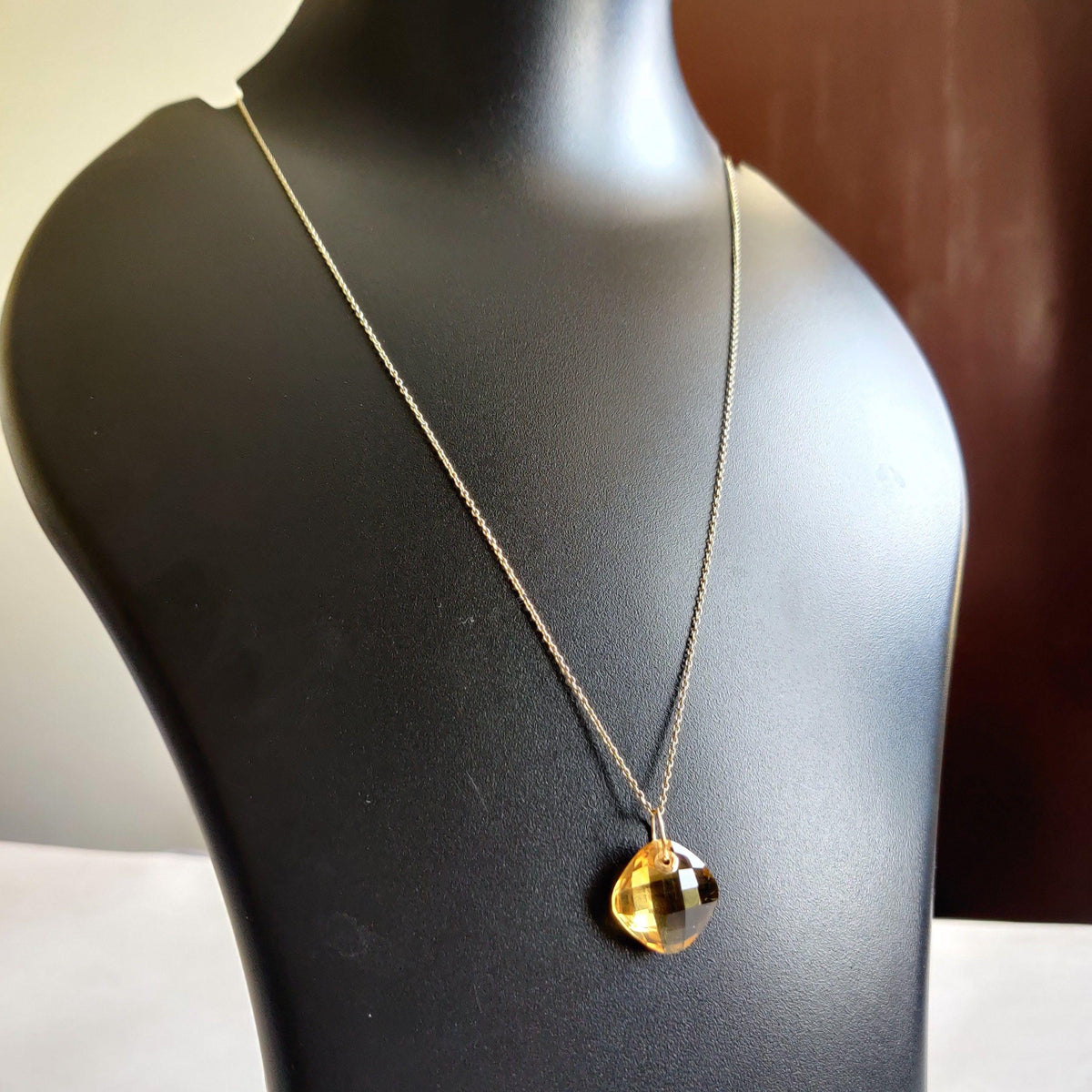 14K Solid Gold Natural Citrine Pendant: Square Cushion Cut November Birthstone