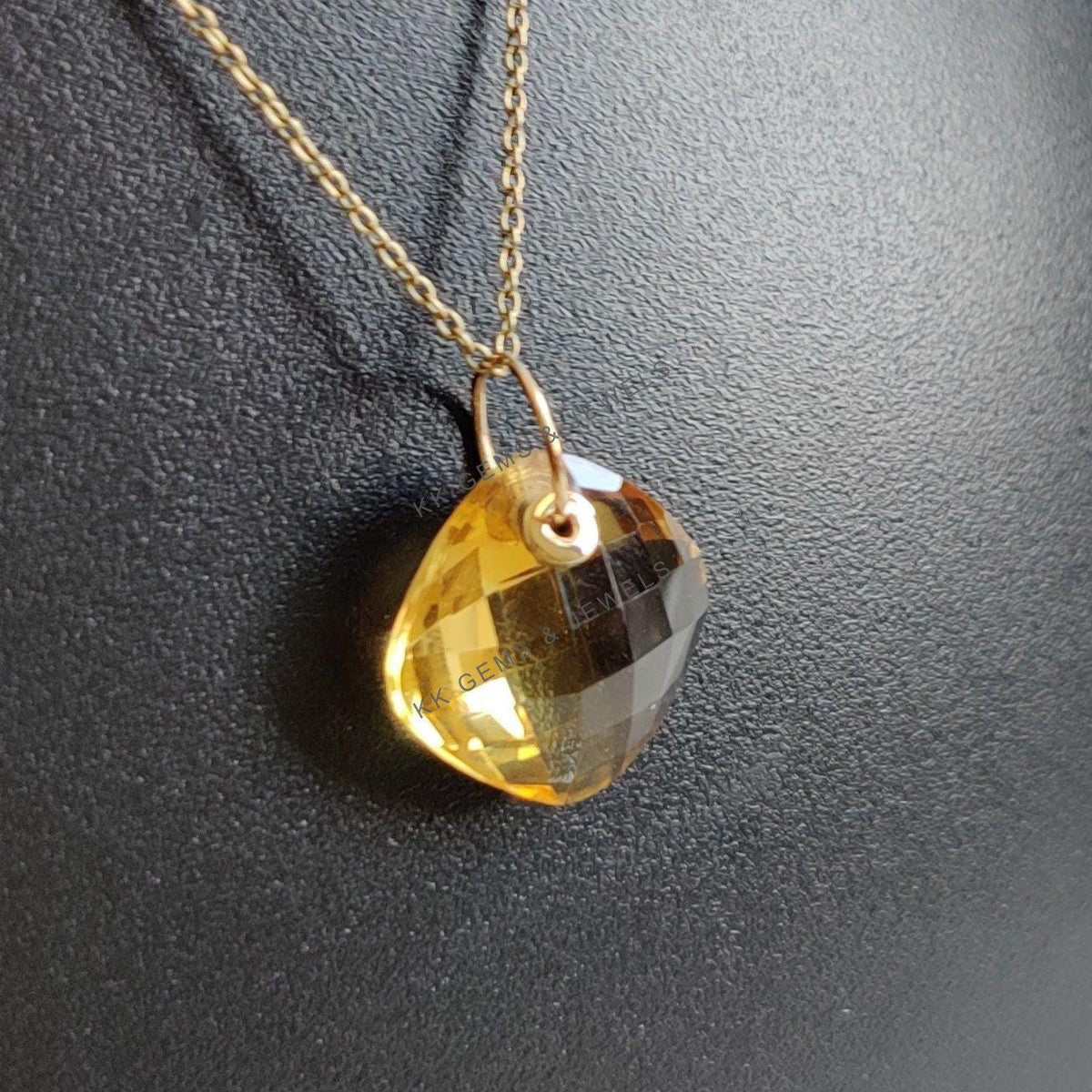 14K Solid Gold Natural Citrine Pendant: Square Cushion Cut November Birthstone
