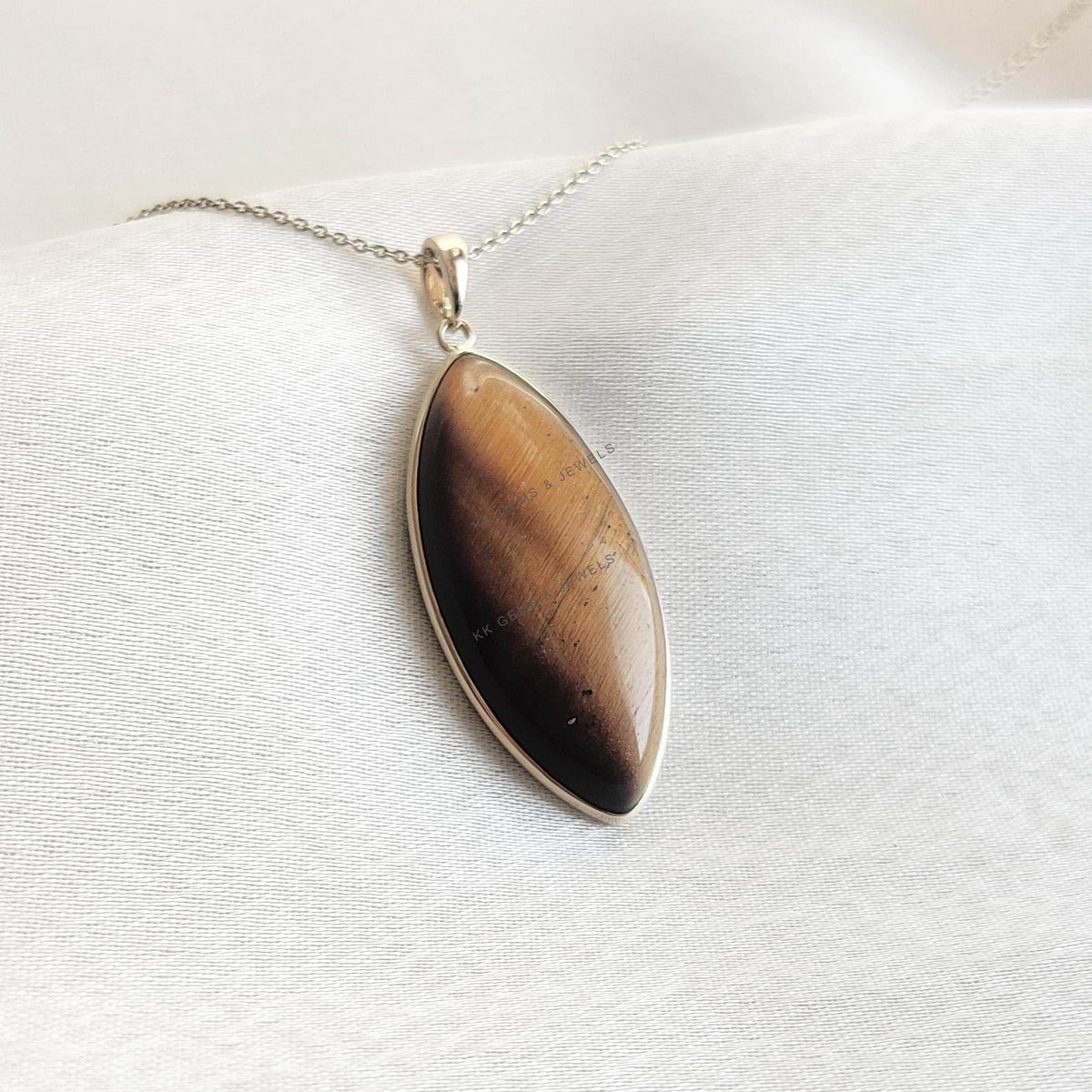 14K Solid Yellow Gold Natural Tiger Eye Marquise Pendant, June Birthstone