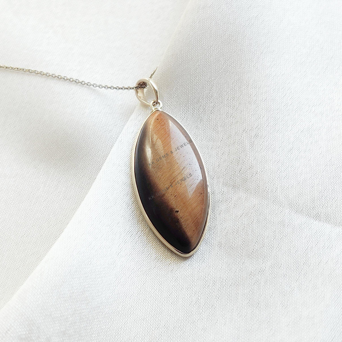 14K Solid Yellow Gold Natural Tiger Eye Marquise Pendant, June Birthstone