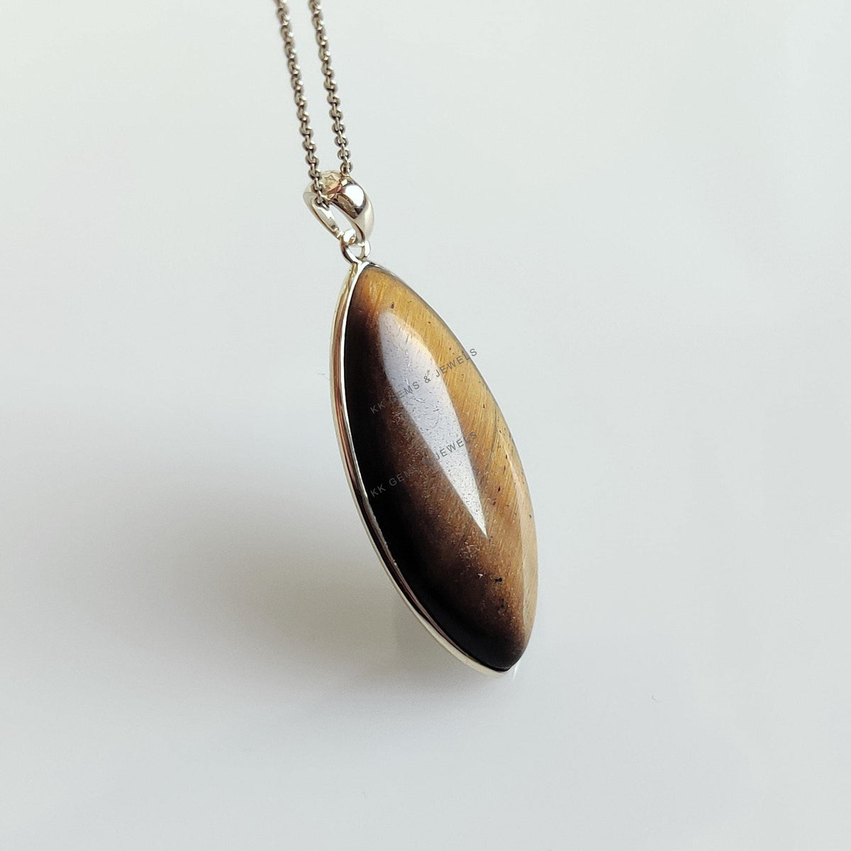 14K Solid Yellow Gold Natural Tiger Eye Marquise Pendant, June Birthstone
