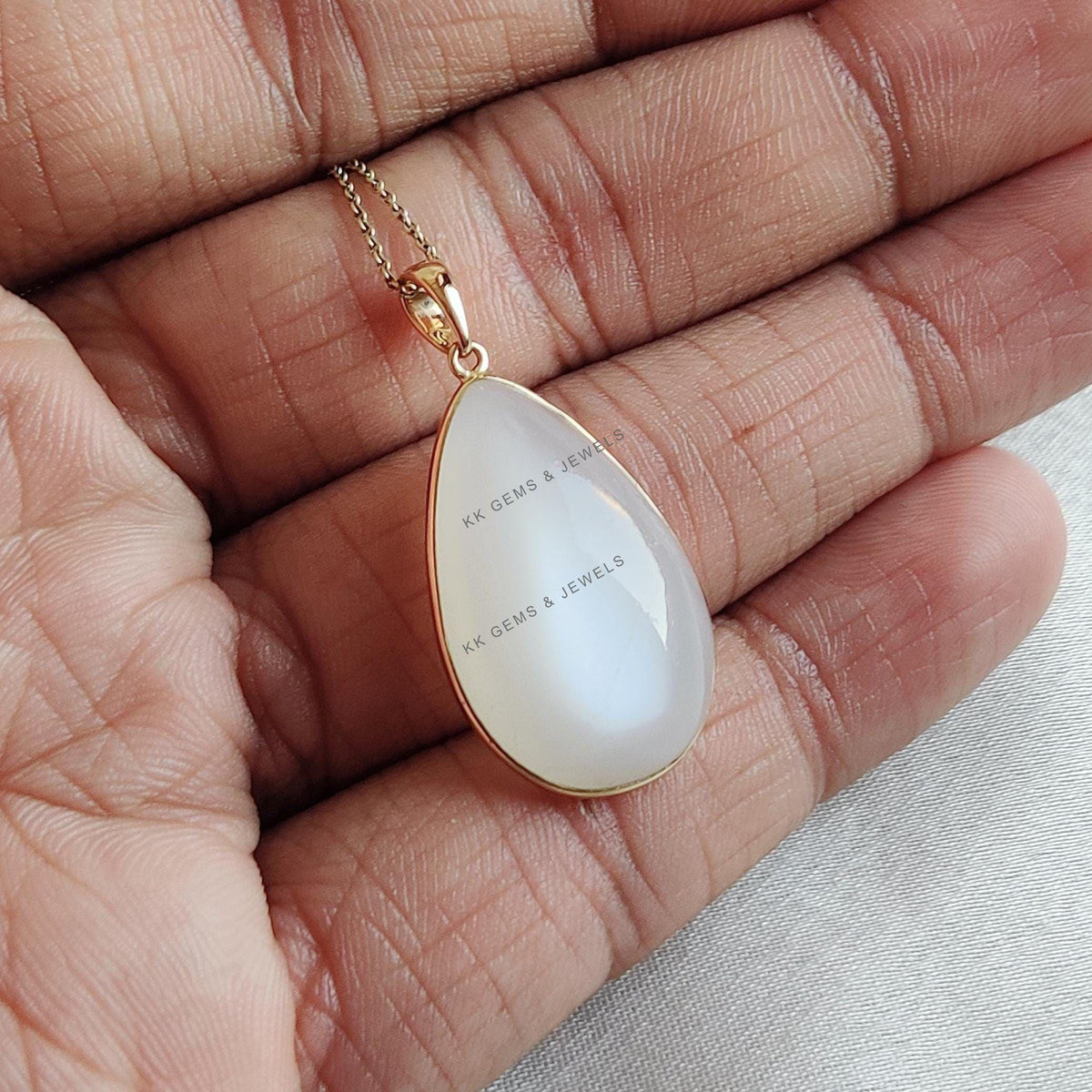 14K Solid Gold Natural White Moonstone Pendant, Pear Cabochon, June Birthstone
