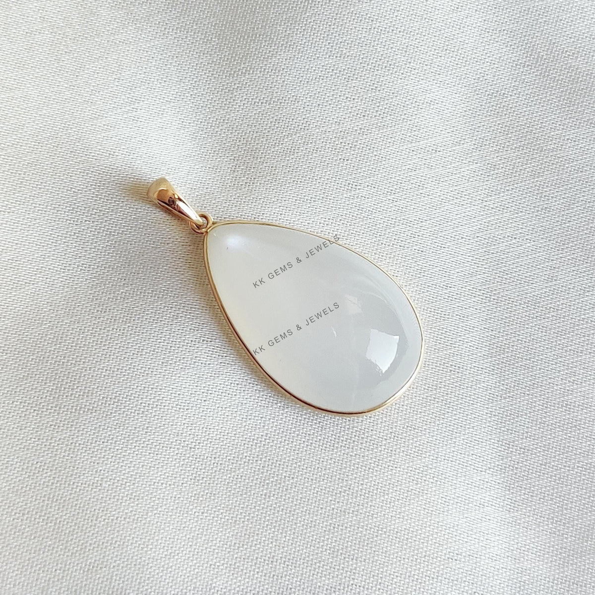 14K Solid Gold Natural White Moonstone Pendant, Pear Cabochon, June Birthstone
