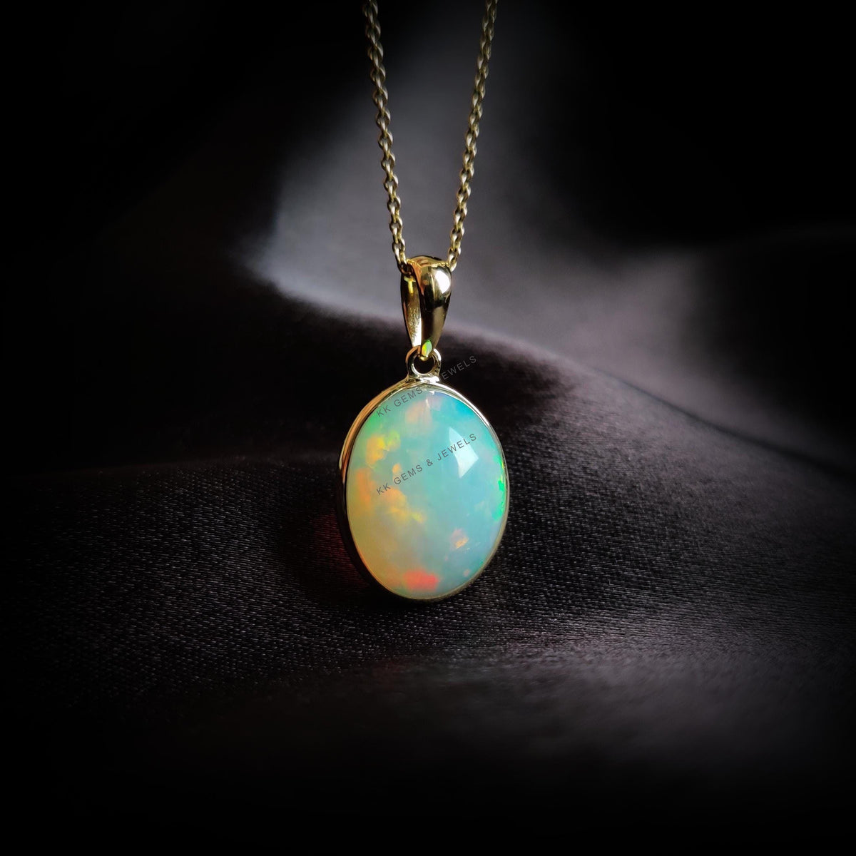 14K Solid Yellow Gold Natural Ethiopian Opal Pendant, Oval Cabochon, October Birthstone