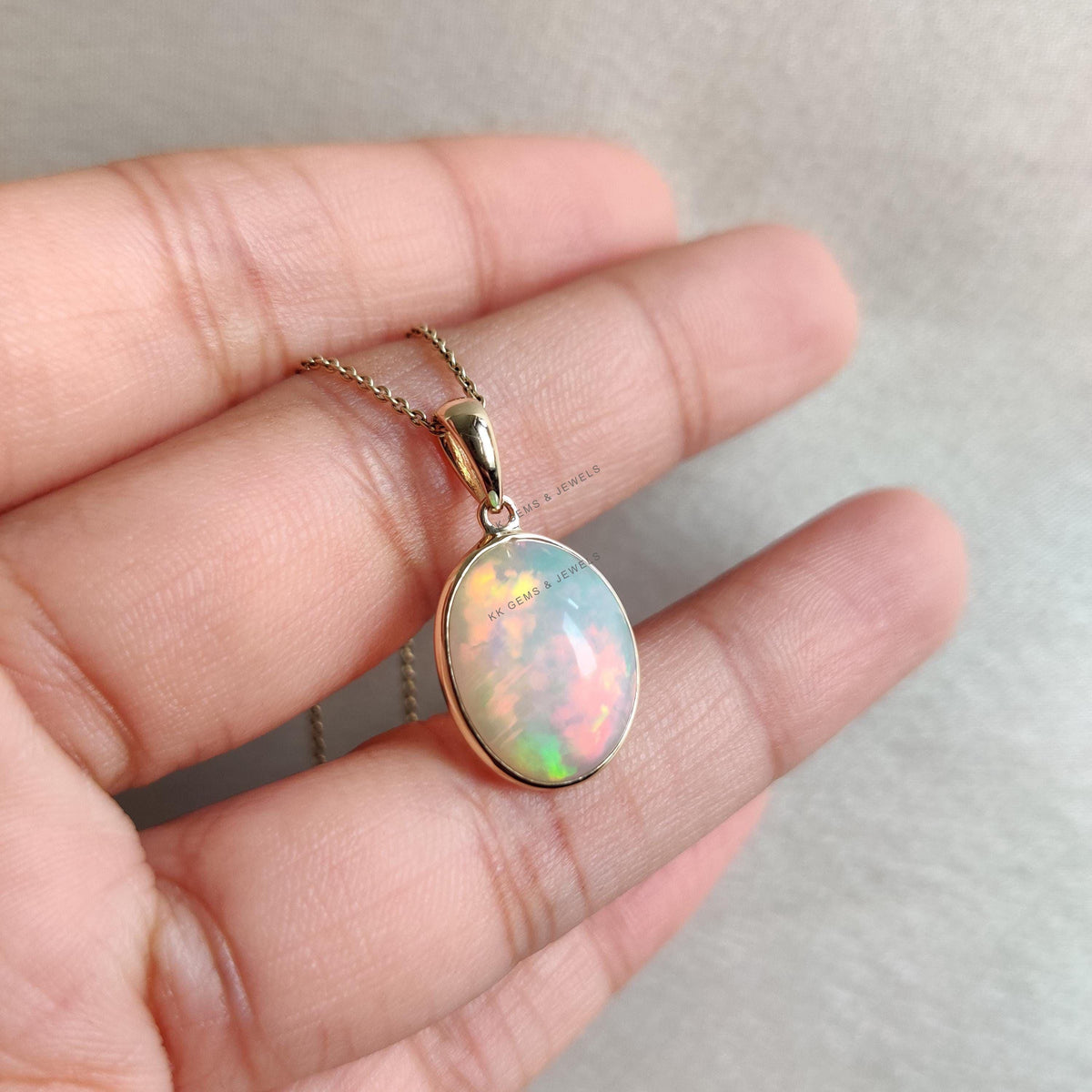 14K Solid Yellow Gold Natural Ethiopian Opal Pendant, Oval Cabochon, October Birthstone