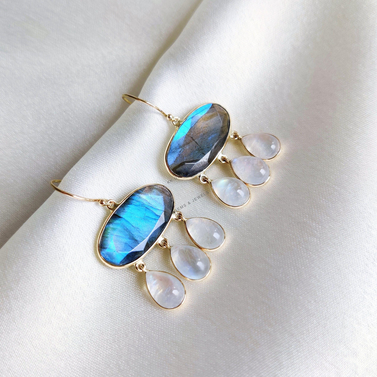 14K Solid Gold Natural Labradorite & Rainbow Moonstone Drop Earrings, November Birthstone