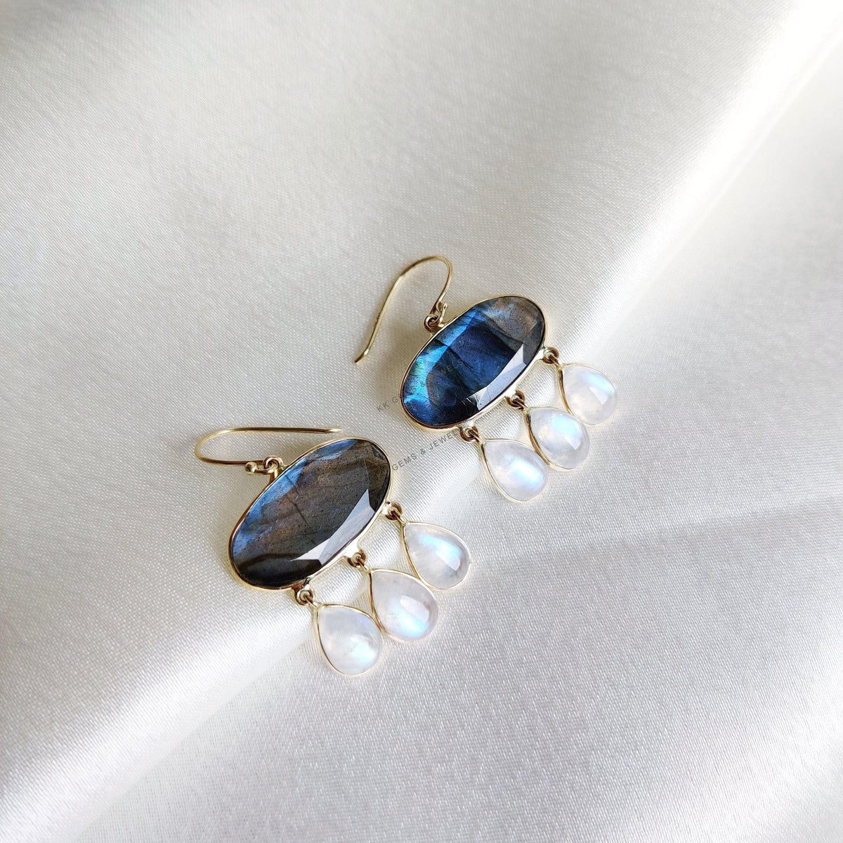 14K Solid Gold Natural Labradorite & Rainbow Moonstone Drop Earrings, November Birthstone