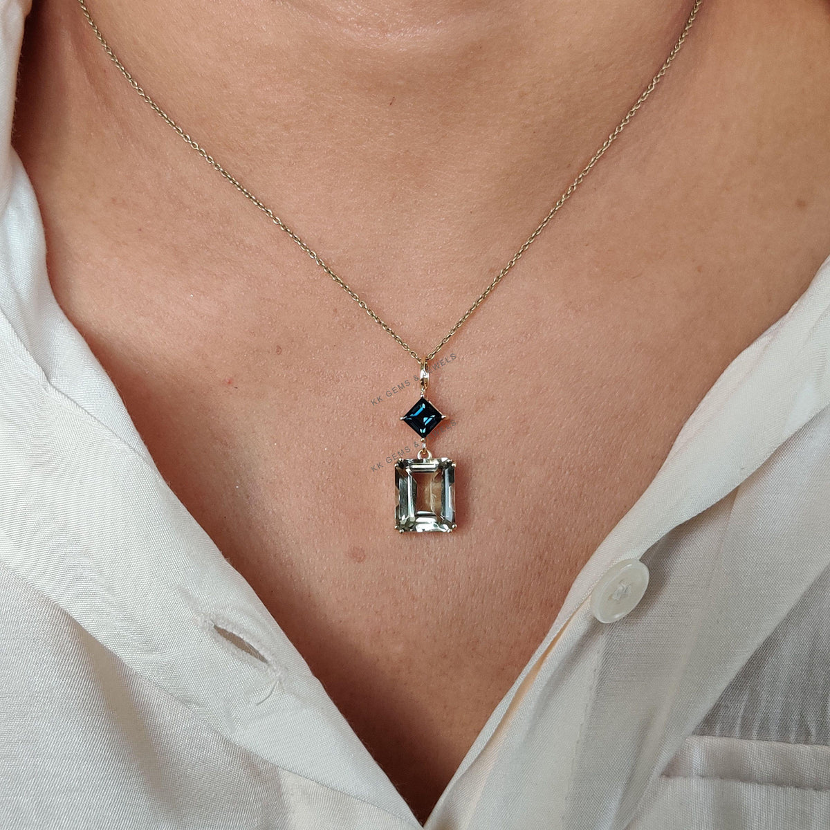 Natural London Blue Topaz & Green Amethyst Pendant, 14K Solid Yellow Gold Pendant, February Birthstone, Christmas Present