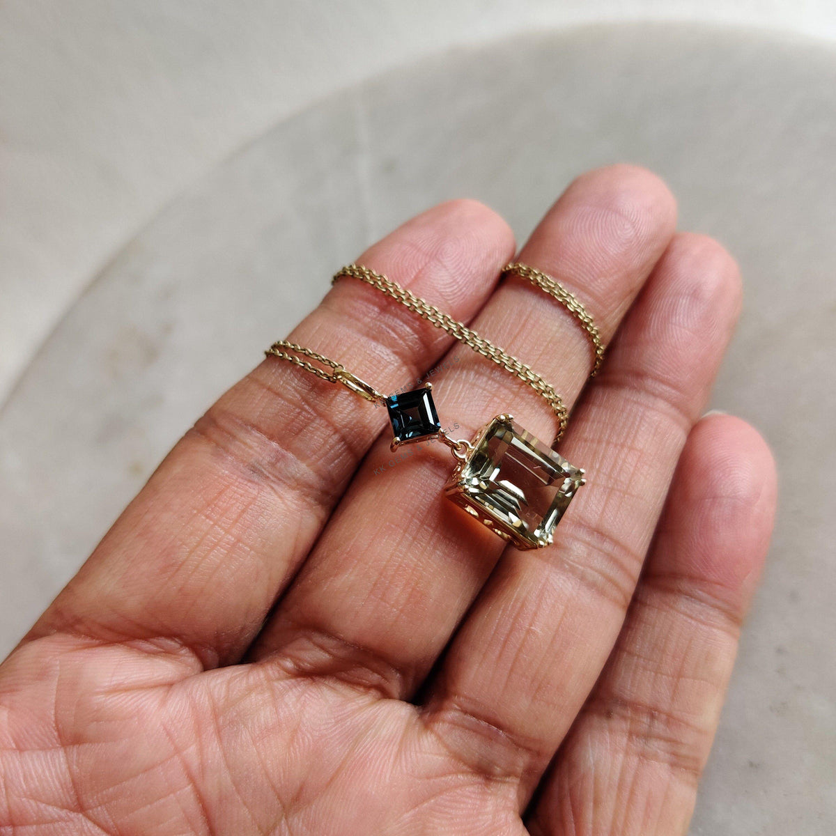 Natural London Blue Topaz & Green Amethyst Pendant, 14K Solid Yellow Gold Pendant, February Birthstone, Christmas Present