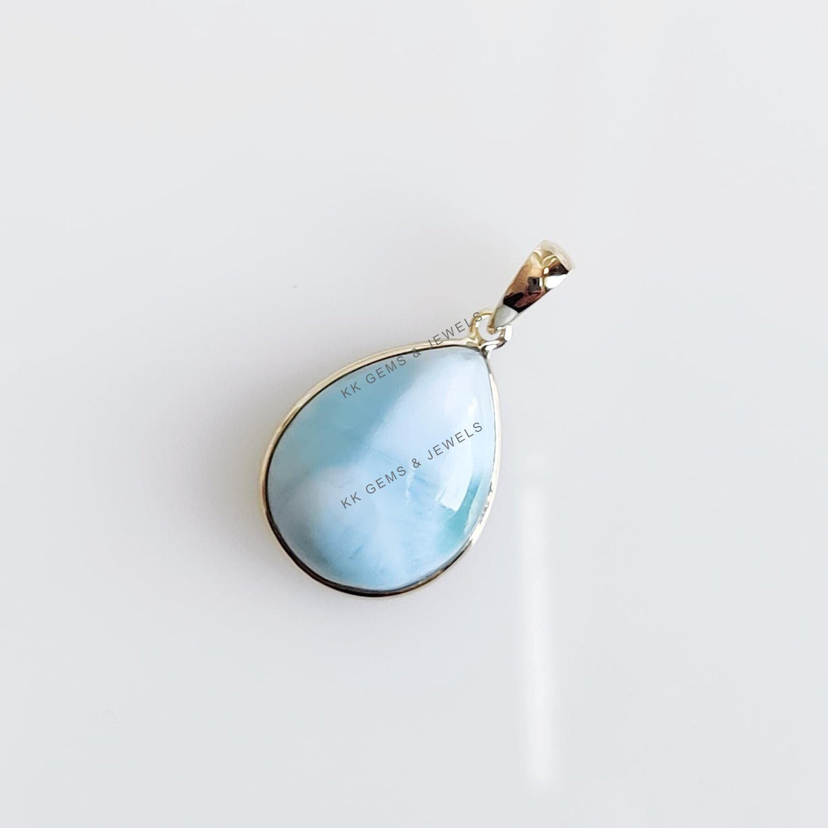 Natural Larimar Pendant, 14K Solid Yellow Gold Bezel Pendant, Pear Cabochon, Christmas Present