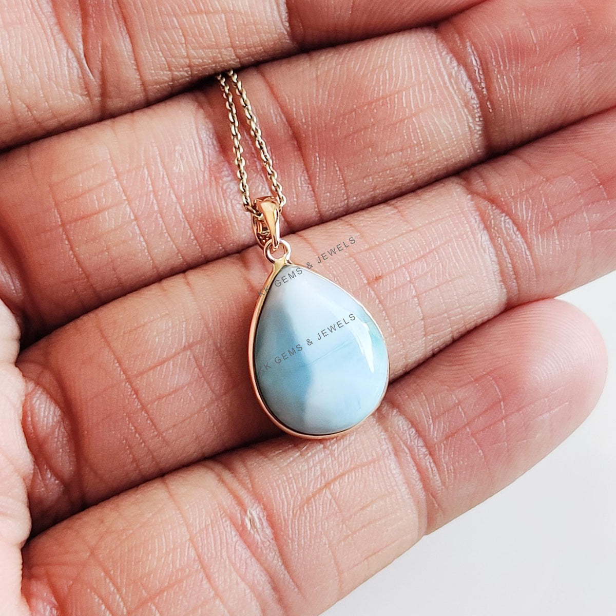 Natural Larimar Pendant, 14K Solid Yellow Gold Bezel Pendant, Pear Cabochon, Christmas Present