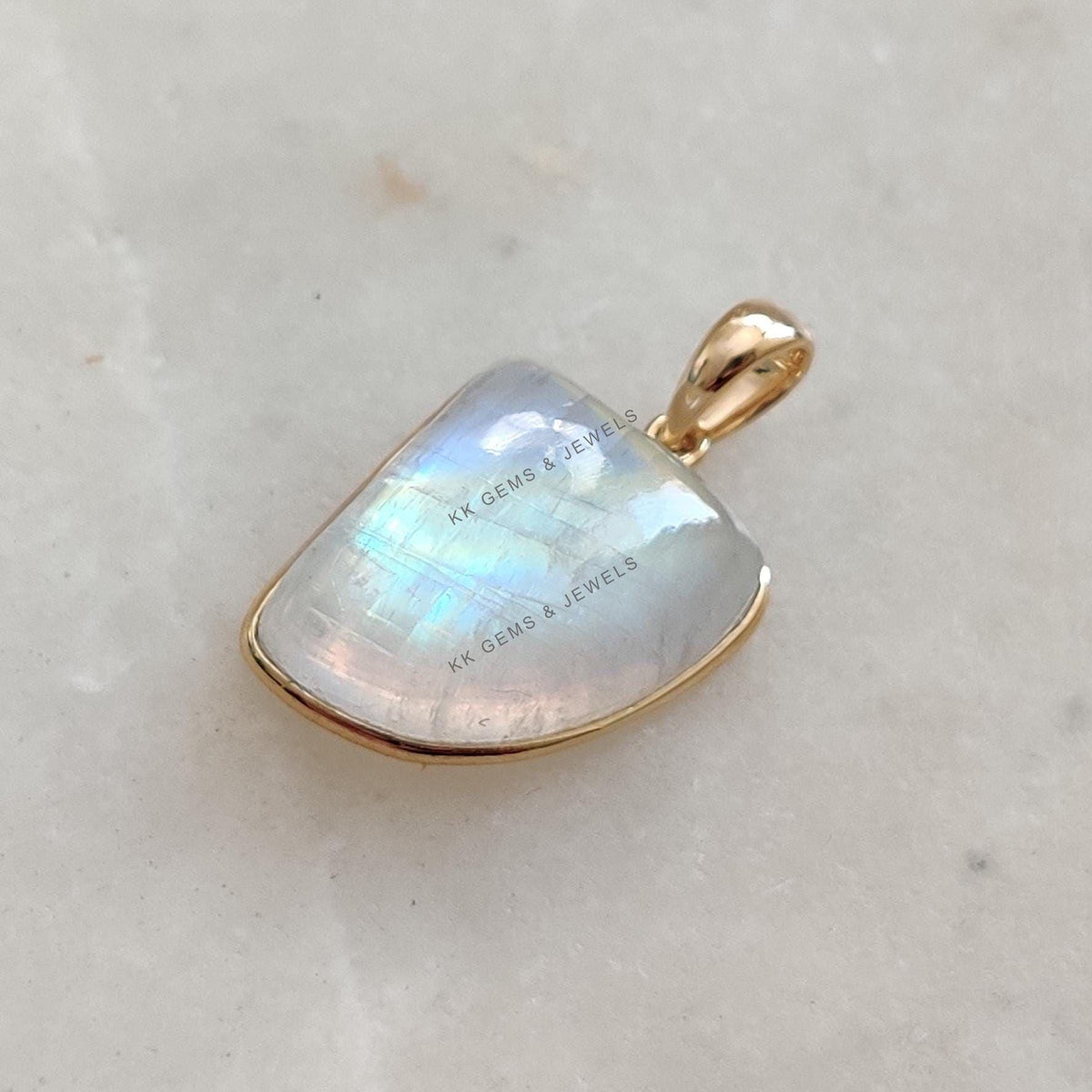 Natural Rainbow Moonstone 14K Solid Yellow Gold Pendant: June Birthstone Necklace