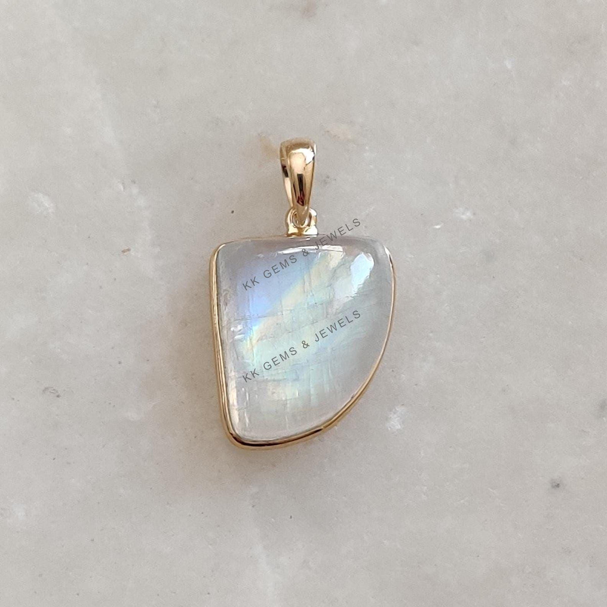 Natural Rainbow Moonstone 14K Solid Yellow Gold Pendant: June Birthstone Necklace