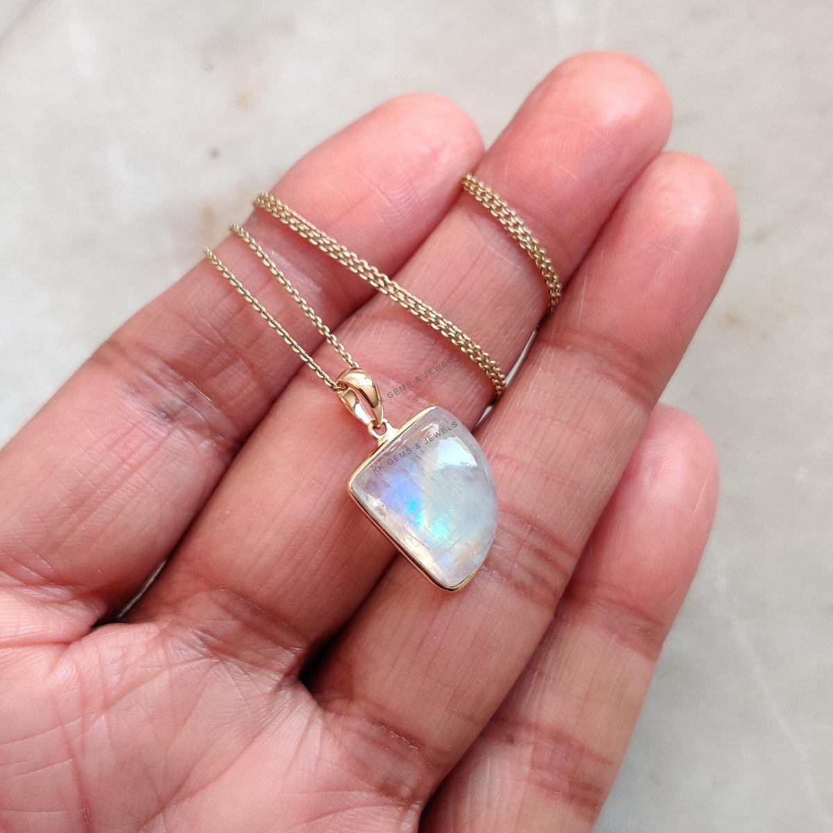 Natural Rainbow Moonstone 14K Solid Yellow Gold Pendant: June Birthstone Necklace