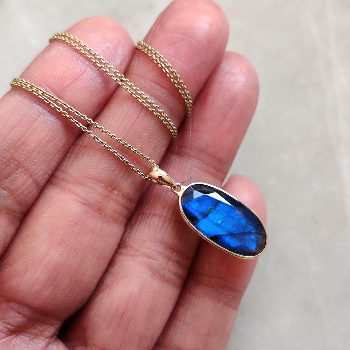 Natural Blue Labradorite 14K Solid Yellow Gold Pendant, August November Birthstone
