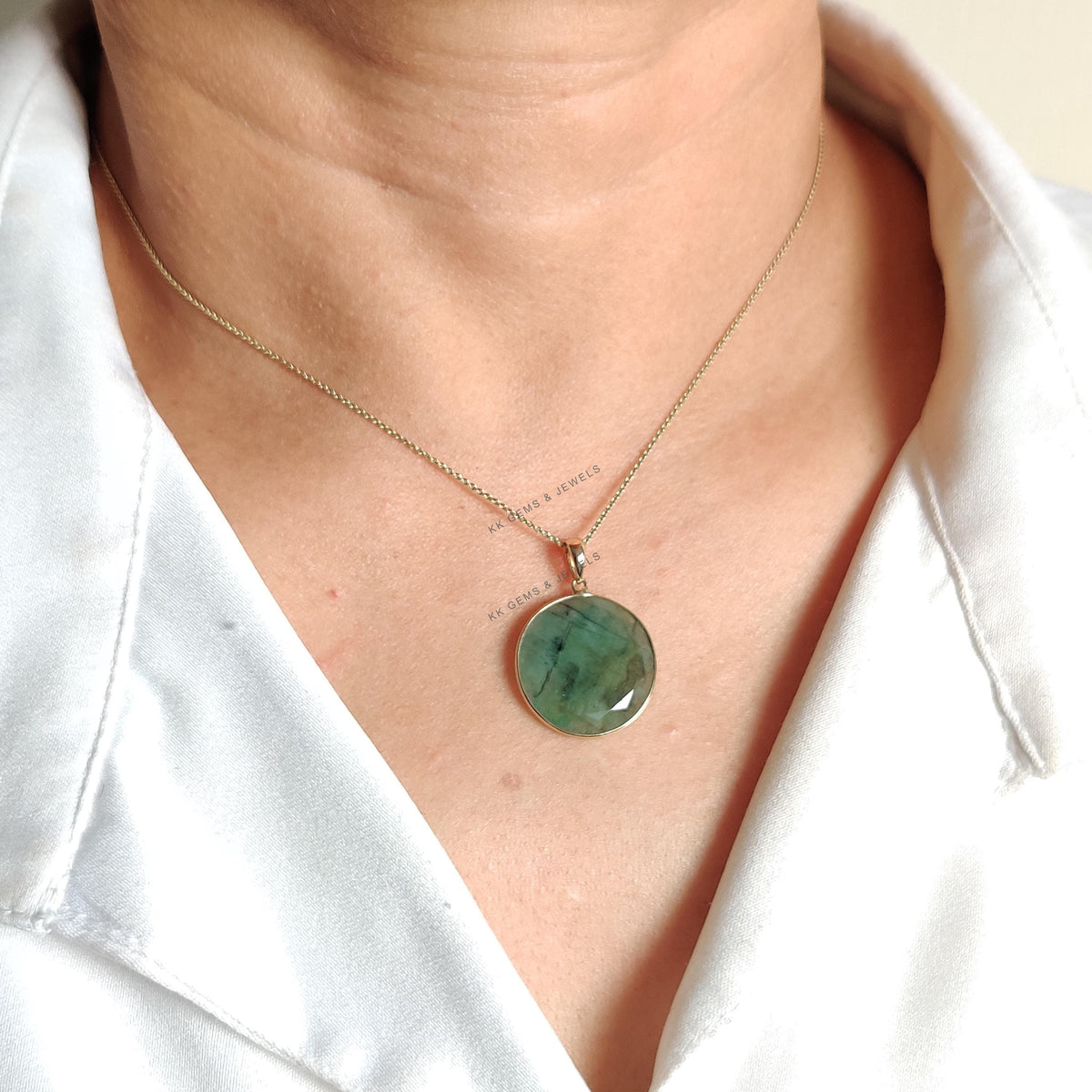 Natural Emerald Pendant, 14K Solid Yellow Gold Bezel Set, May Birthstone