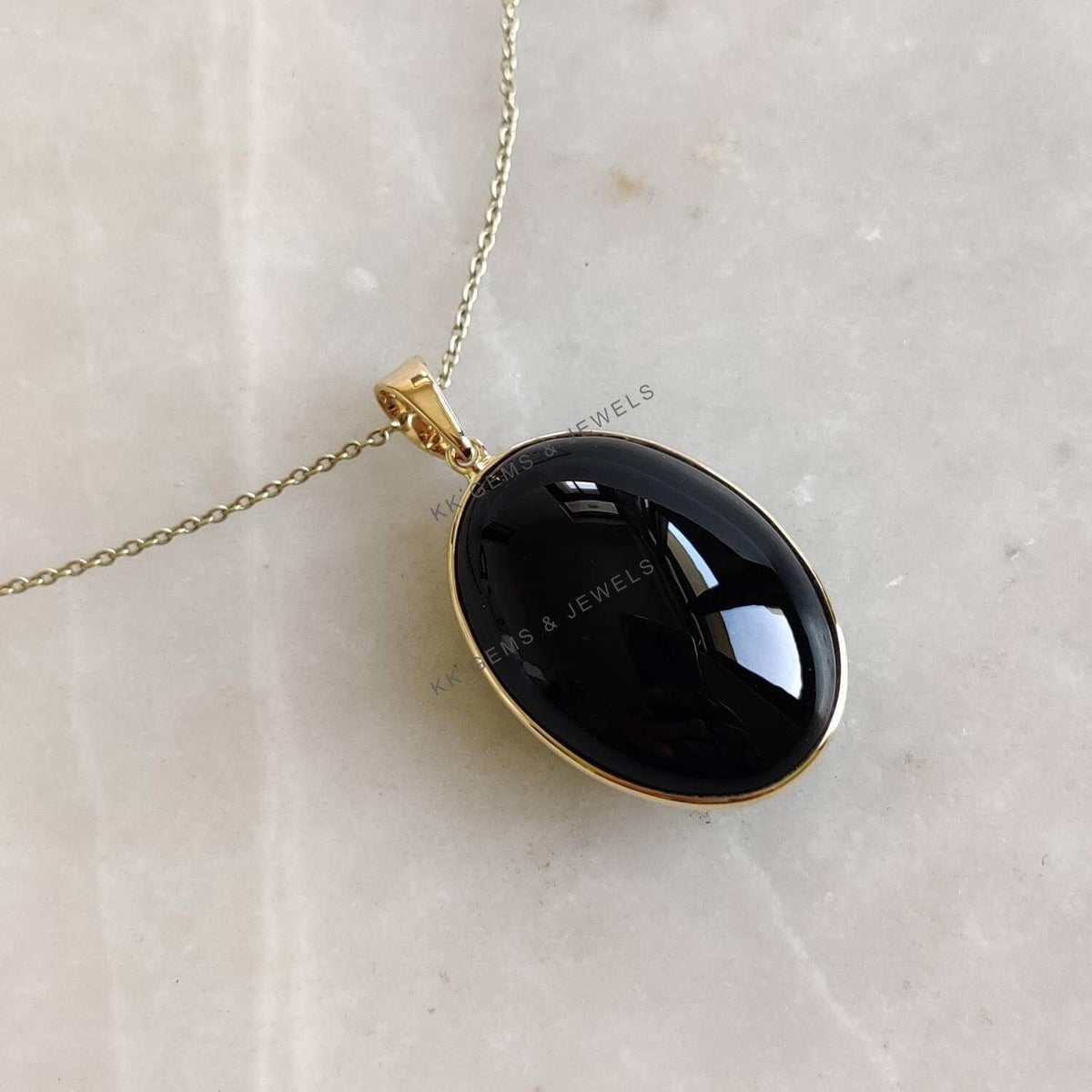 Natural Black Onyx 14K Solid Yellow Gold Pendant, Oval Bezel Pendant, December Birthstone