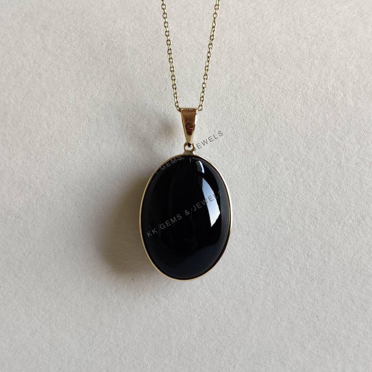 Natural Black Onyx 14K Solid Yellow Gold Pendant, Oval Bezel Pendant, December Birthstone